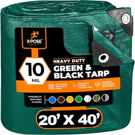Xpose Safety Heavy Duty Tarp, 20 ft x 40 ft, 10 mil, Green/Black, Polyethylene MTGB-2040-X